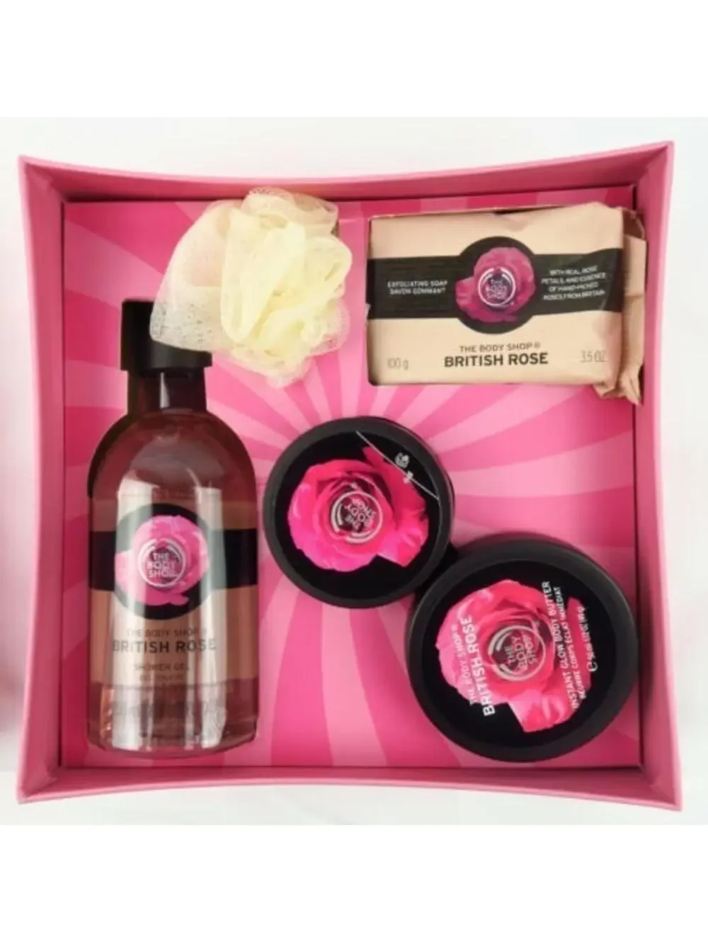 British Rose The Body Shop Gift Set Box Brand NEW Pink Body Wash Loofah Cream